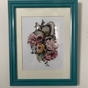 Framed print, original artwork. Anatomical heart with flowers.